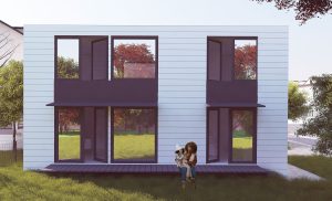 Front view of 2-story white and black square home with large windows