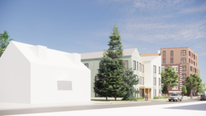 Architectural rendering showing blank white image of home at 23 Newman Way, next to the proposed new building, looking towards Mass Ave.