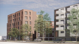 View of three buildings along Mass Ave. 846 in foreground, then 840, then new proposed building - 5 stories, in brick, with various curves and angles.