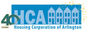 Horizontal blue logo with HCA name and houses graphic, with 40 years in green on the left and gold stars on the upper right
